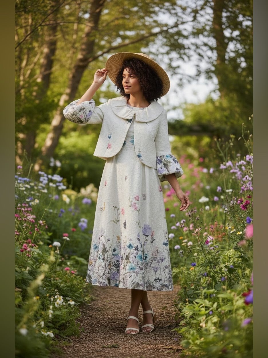 Dresses By Nubiano Ivory Floral Midi Dress With Cropped Jacket Sz 16